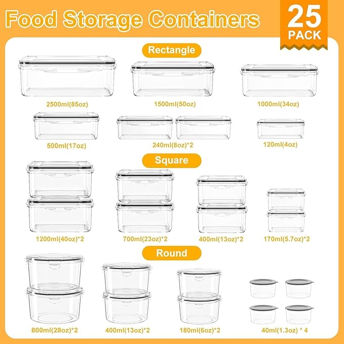 AISOON 50 Pcs 85oz Large Food Storage Sets with Lids, Airtight Kitchen Pantry Containers, Leakproof & BPA-Free Meal Prep Containers, Freezer, Microwave & Dishwasher Safe with Labels & Pen
