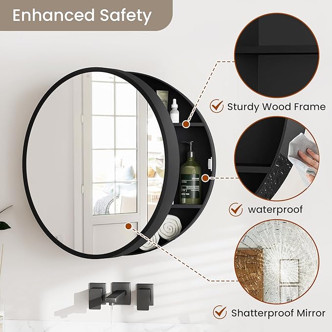 SUNWAVE 20 Inch Round Black Medicine Cabinet with Mirror, Modern Wall Mounted Vanity Cabinet for Bathroom, Circle Bathroom Mirror with Storage, Space-Saving Wood Cabinet (Black, 20 Inch)