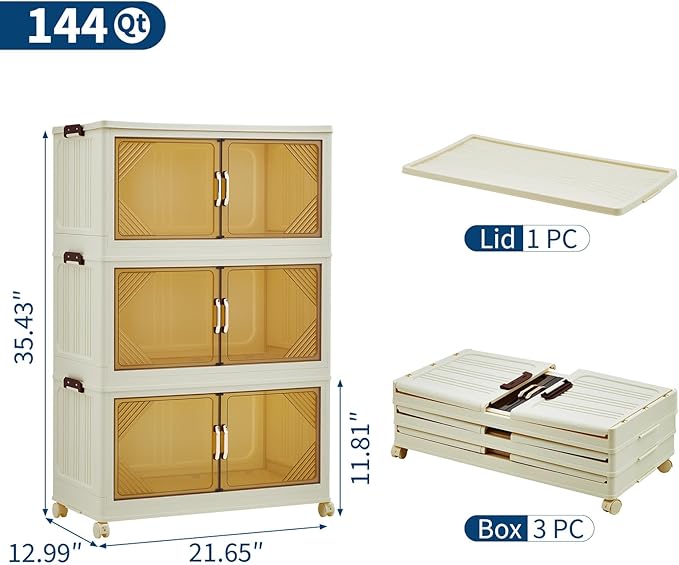 Garvee 144QT Stackable Storage Bins, Plastic Bins for Storage with Lids, Plastic Storages Drawers with Magnetic Doors & Wheels, Foldable Collapsible Closet Organizers for Home, Dorm, Office, White
