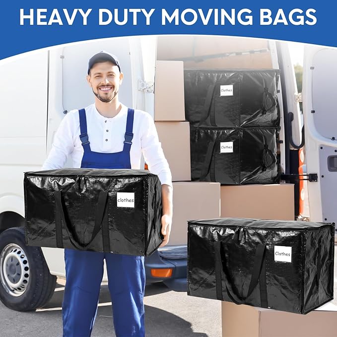 2-Pack Extra-Large Heavy-Duty Storage Totes with Reinforced Handles, Durable Zippers & Waterproof Material — Perfect for Space-Saving, Moving, Shipping and Travel (Black)