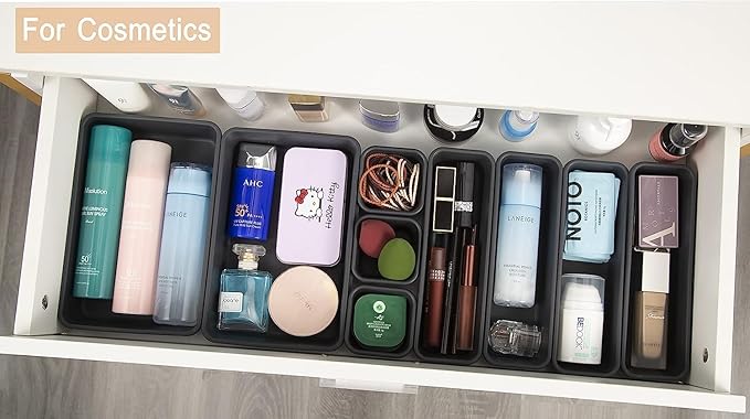 Kutesna 44 PCS Interlocking Drawer Organizer Set,4-Size Plastic Versatile Bathroom and Desk Drawer Divider Organizer Trays,Multi-size Storage Bins for Office,Jewelries, Kitchen Utensils and Makeup