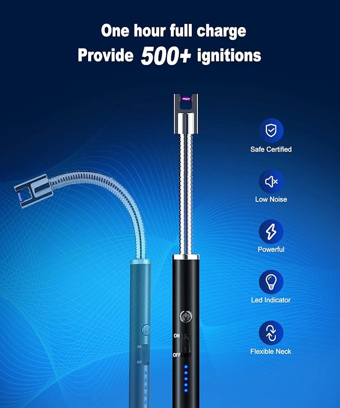 Candle Lighter, USB Charging Flame Candle Electronic Arc Lighter with LED Battery Display Safety Switch, Longer Flexible Neck for Camping BBQ Gas Stoves and Fireworks (Black)