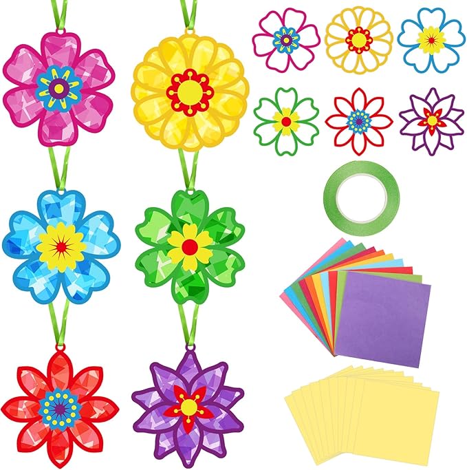 Qyeahkj 36 Set Flowers Suncatchers Crafts for DIY Spring Floral Window Tissue Paper Craft Kit Hanging Decor for Mother's Day Gifts Home Activity Art Project Birthday Party Favor