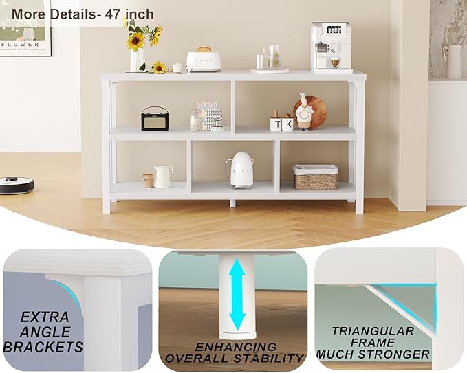 IBF White Wood Bookshelf, Industrial Horizontal Cubby Book Shelf, Low Open Shelf Bookcase for Office Living Room, Modern Short Wide 5 Cube Storage Organizer for Books Display Bedroom, White Oak, 47 In