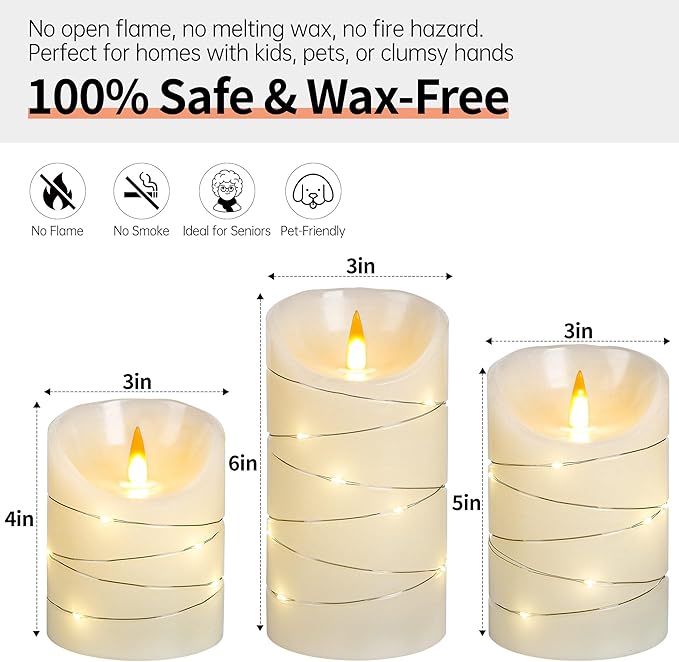 HaitanghuaRechargeable Flickering Candles with String Lights, Remote Control, 2/4/6/8-hour Timer Function, USB Rechargeable Real Wax LED Candles, (4/5/6 inch) Ivory Color, Three-piece Set.