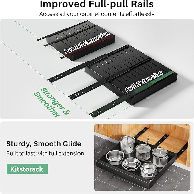 Pull out Cabinet Organizer, Wider Expandable(14"-24") Heavy Duty Slide out Drawers Fixed with Adhesive Nano Film for Pots and Pans, Roll out Shelf Storage for Kitchen Base Organization(Black)