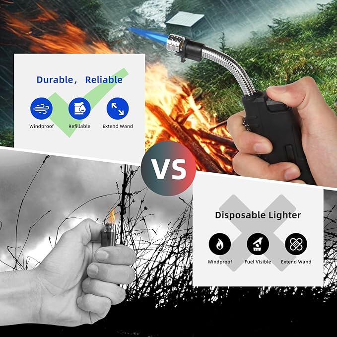 Navpeak Mini Camping Torch Lighter Handy Portable Flexible Wand Telescoping Burner Head Windproof Flame Butane Refillable for Hiking Campfire Candle Grill Fireplace Outdoor(Buatne Not Included)(Black)