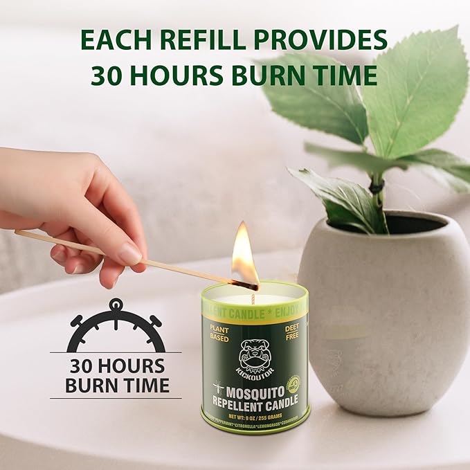 KICKOUTOR® Mosquito Repellent Citronella Candles Outdoor, 2-Pack | Total 18 Ounce 60-Hour DEET-Free Bug Protection for Patio Camping Picnic Backyard Room, Infused with 5 Plant Essential Oils
