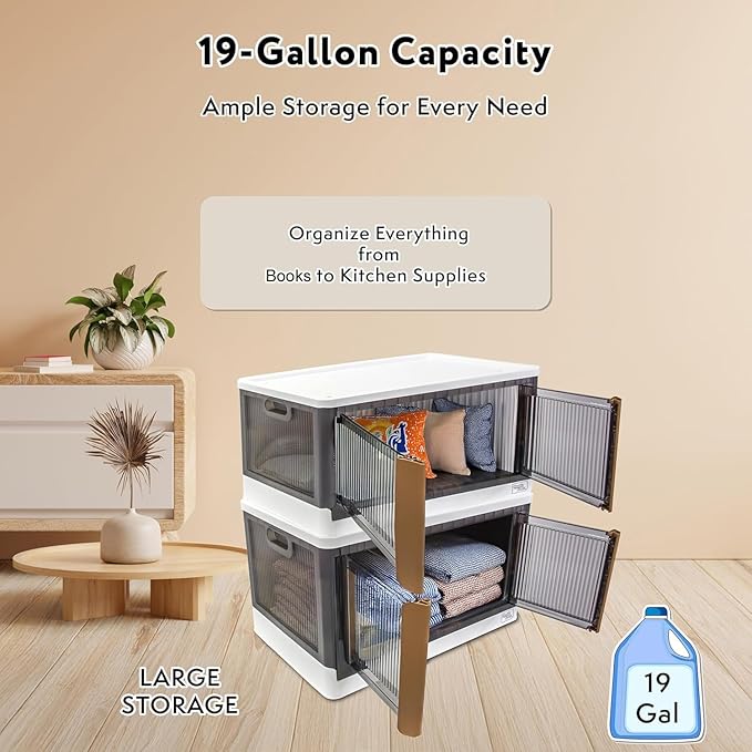 FELICON 19 Gallon 3 Pack Stackable Storage Bins with Lids,Doors,Wheels,Collapsible Organizer Foldable Container,Wardrobe Closet for Bedroom Living Room Neat,Dorm,Organized Homes(White)