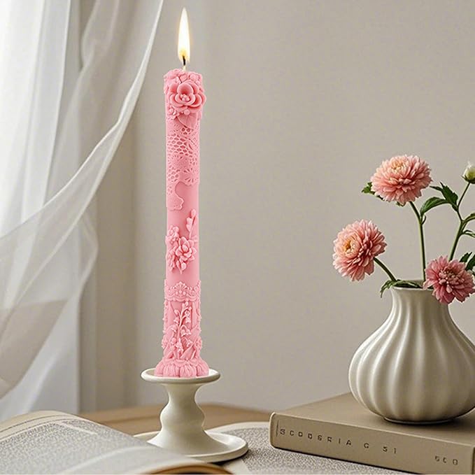 Vintage Long Pillar Candle Mold, Intricate Floral Design Silicone Mold for DIY Candle Making Plaster Polymer Clay Home Decoration