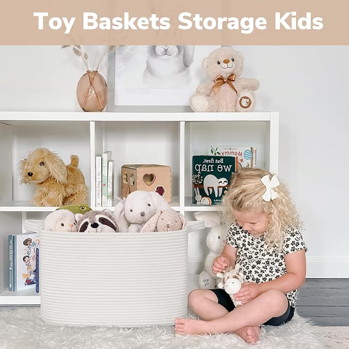 Goodpick Large Woven Basket 18" x 14" x 12" Cotton Rope Storage Baskets for Organizing, Rectangle Blanket Basket for Living Room Bedroom, Toy Baskets Storage Kids, White