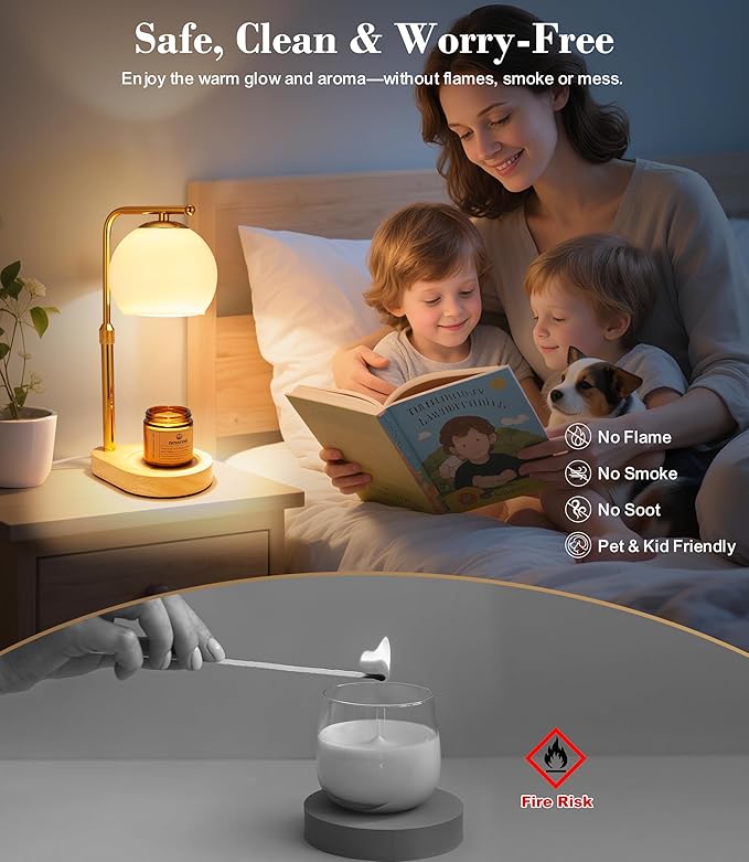 White Glass Candle Warmer Lamp Adjustable Height Dimmer 2 4 8 Hour Timer Natural Wood Base Wax Melter Includes Scented Candle and 2 Bulbs for Bedroom Living Room Modern Minimalist Decor