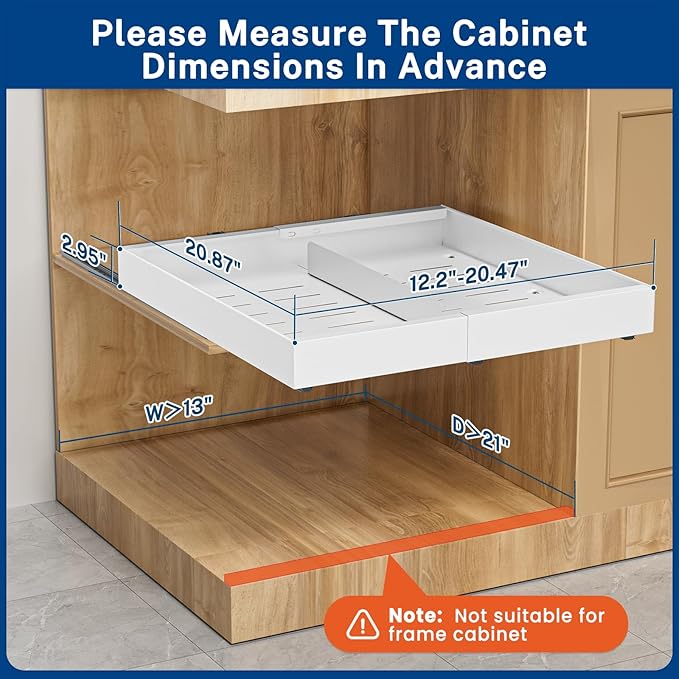 Pull Out Cabinet Organizer Expandable Width(12.2"-20.47") & 21"Deep, Insputer No Drill Adhesive Slide Out Drawers with Upgrade 3 Slide Rails, Magnetic Panel, Roll Out Shelf for Kitchen, Pantry White
