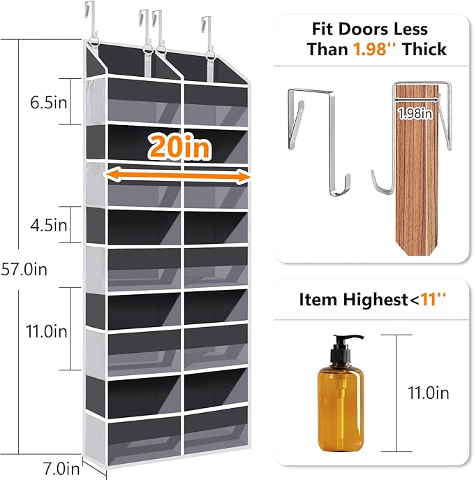Heavy Duty Over The Door Organizer 5 Tiers, Extra Large Behind Door Storage of 10 Front & 10 Mesh Pockets, 80lb Weight Capacity, Hanging Doors Storage for Closet Bedroom Nursery, Dark Gray