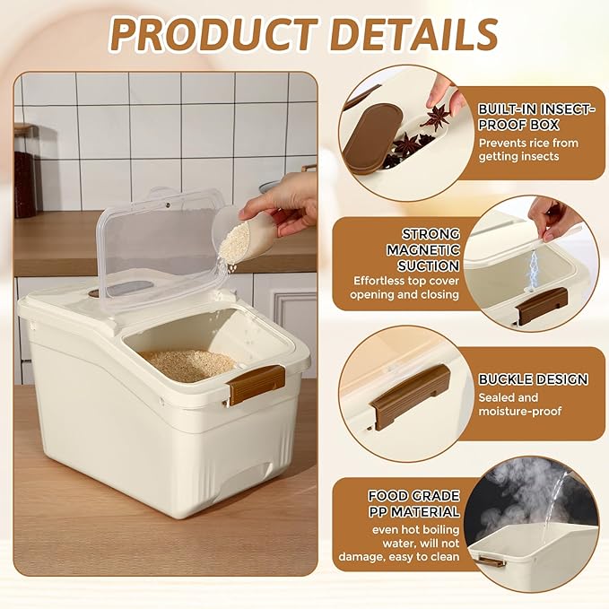 4 Pack Large Rice Storage Containers 30 Lbs Airtight Flour Container with Seal Locking Lid and Measuring Cup Kitchen Dry Food Storage Bins for Cereal Sugar Beans(Butter Yellow)
