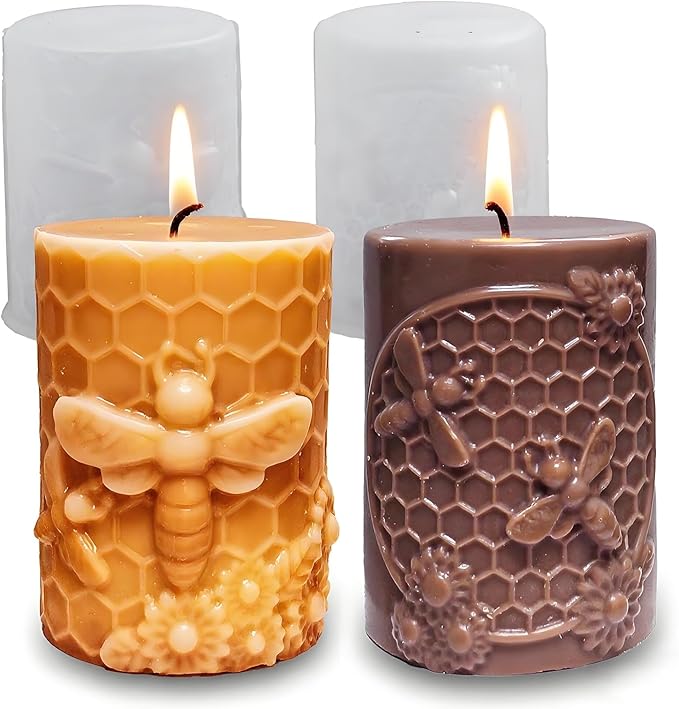 Wehous 2PCS Bee Candle Mold, Bee Honeycomb Flower Cylinder Silicone Molds for Resin Candle Soap Wax Beeswax, Unique Epoxy Casting Clay Art Craft Mould Kit DIY Home Decor
