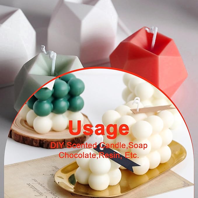 4Pcs Silicone Bubble Candle Molds Set for Making, 3D Cube Mold for Soy Wax, Soap, DIY Scented Candles, Cake