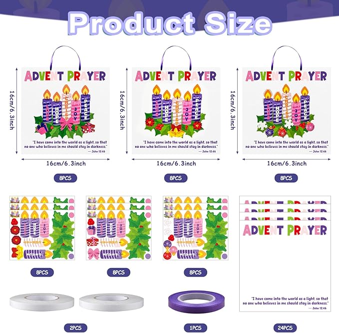 Cinrobiye 24 Set Christmas Advent Craft Kit DIY Advent Candle Wreath Hanging Art&Craft Christ Joy Peace Love Hope Candle Stickers Decorations Signs for Xmas Religious Nativity Sunday School Activities
