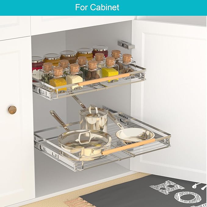 iPEGTOP 2 Pack Pull Out Cabinet Drawer Shelf Organizer, Extendable Sliding Slide Out Pantry Shelves Storage Heavy Duty for Kitchen Cabinets Under Sink, Adjustable Width 23.1~39.9" W x 22.4" D
