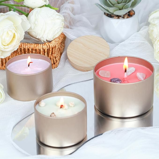 CONNOO 24 Pack Candle Tins, 12pcs 8 OZ & 12pcs 4 OZ Champagne Gold Jars with Metal Wood-Grain Lids for Making Candles, Bulk Empty Containers for Candle Making, Wick Kit Included