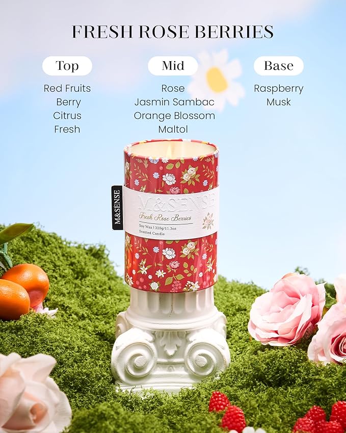 M&SENSE Spring Candle 11.3 oz,Fresh Rose Berries Scented Candle, Non-Toxin Soy Wax for Home Scented, Floral Candles Gift for Women, Up to 70 Hours Burning Long-Lasting Fragrance
