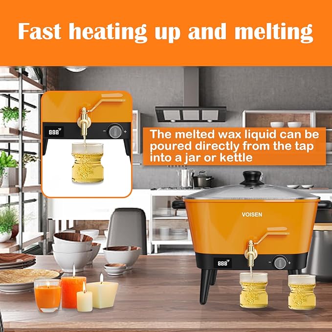 VOISEN Wax Melter for Candle Making, 8Qts Candle Wax Melting Pot with Spout for Soy Wax Soap Base, Electric Wax Melter for Candle Making with Temp Control, Easy Pour,Non-Stick(Orange)