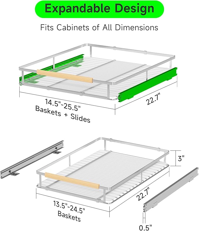 Expandable Pull Out Drawers for Cabinets, Kitchen Cabinet Slide Out Shelves, Adjustable Roll Out Drawers, Stainless Steel, Large 2 Pack, (14.5"-25.5") Cabinet Width x 22.7" Depth