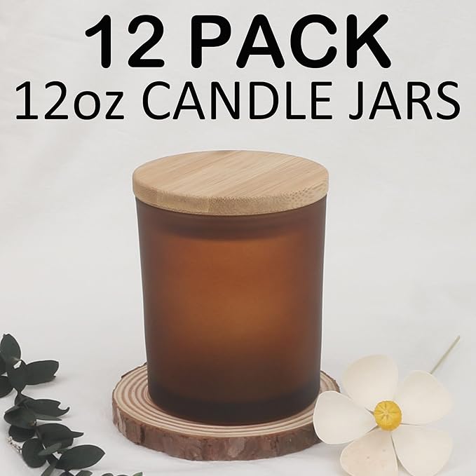 MILIVIXAY 12Pack 12 OZ Frosted Amber Thick Glass Candle Jars with Lids - Bulk Empty Candle Jar for Making Candles - Spice, Powder Containers.