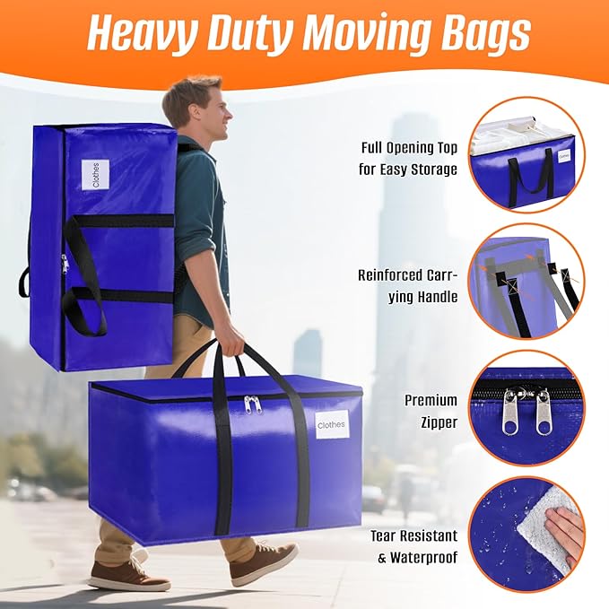 FabSpace 6-Pack Moving Bags with Backpack Straps & Carry Handles, 30 Gallons-125 L Heavy Duty Storage Totes for Space Saving, Foldable Storage Bags for College Dorm, Travel, Camping (Blue)