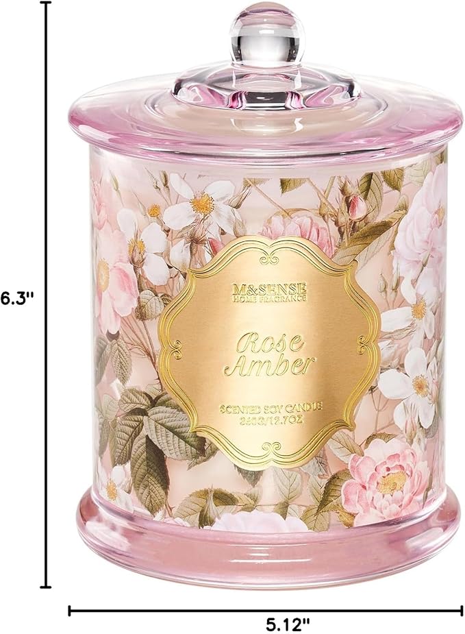 M&SENSE Rose Amber Candles for Home Scented, Organic Soy Candles Non Toxic, Double Wick 12.7oz Large Jar Candle 75 Hour Long Lasting Burn, Relaxing Aromatherapy Candle Gift for Women