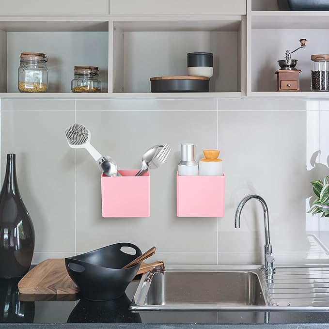 Suclain 4 Pcs Wall Mounted Organizer Non-drilling Adhesive Floating Shelf Wall Bin Organizer Hanging Storage Containers for Bedroom Bathroom Kitchen Office (Pink)
