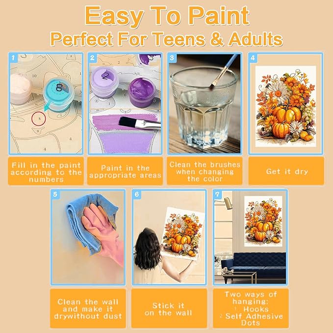 Meothan Paint by Numbers Kits for Adults Framed, Fall Paint by Number for Adults Beginners, Autumn Pumpkin Paint by Numbers Kits on Canvas with Framed for Home Wall Decor 12x16inch (with Easel)
