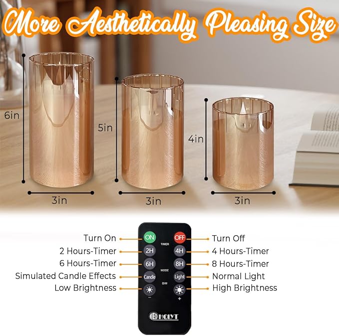 Rechargeable Flameless Candle, Flashing LED Pillar Real Wax Candle with Remote Control and Timer, Gold Stripes Glass Electronic Candles for Room Decoration, 1 Set of 3