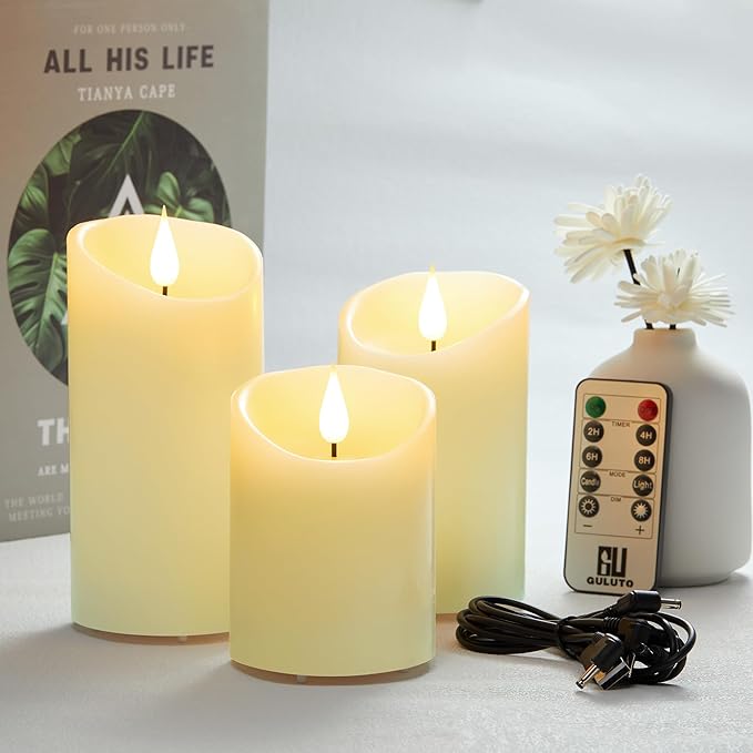 Rechargeable Candles, Flickering Flameless Candles with Remote and Timer, Real Wax LED Candles with 3D Wick, Pillar Candles for Home, Festival, Wedding, Party Decor Set of 3