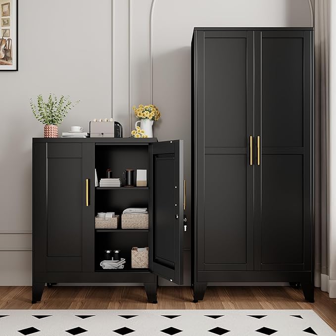 Black Metal Storage Cabinet, 36" Tall Locking Storage Cabinet with 2 Adjustable Shelves, Steel Locker Organizer, for Office, Home, School, 2PS