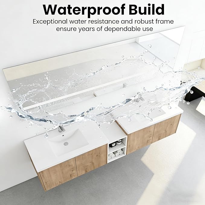 68IN Bathroom Vanity with Double Sink, Modern Solid Wood Floating Bathroom Sink Cabinet, Anti-Fog Mirror, Smart Storage Solutions, Waterproof Design, Open Shelving for Easy Access