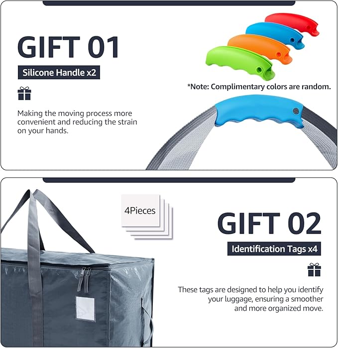 Moving Bags Heavy Duty Extra Large, Moving Boxes, Moving Supplies Essentials,Storage Bins with Lids, Plastic Packing Totes, Storage Bags for Clothes with Handles & Zippers(Grey, 4 Pack)