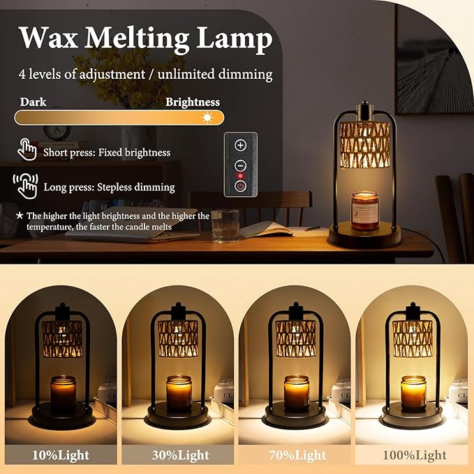 Candle Warmer Lamp with Timer Light: Electric Wax Melt Warming Dimmable for Yankee Candles Large - Birthday Christmas Gift for Women Mom, Room, New Home Decor, Vintage House (Black + Brown Hemp Rope)