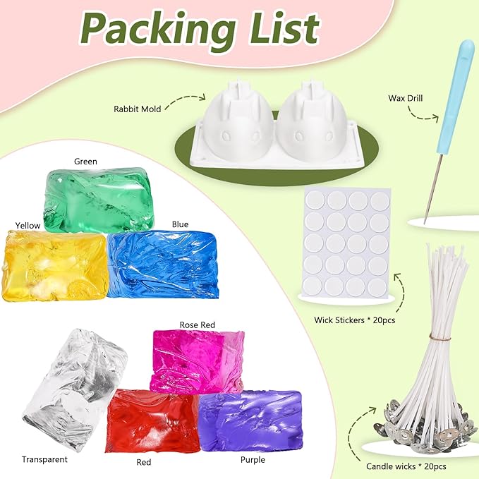 Blingfun Gel Wax Candle Making Kit with 7 Colors Jelly Wax, Rabbit Mold, Wicks, Wick Stickers, Drill - DIY Scented Candle Fun Craft Supplies for Home Decor