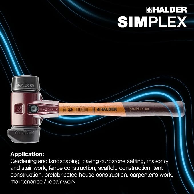 Halder Simplex Soft-Faced Mallet 3022.280 – Medium-Hard "Stand-Up" Rubber Inserts, Cast Iron Housing with Handle Protection Sleeve, Varnished Wooden Handle, 80mm, 6.4 lbs.