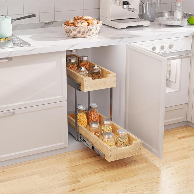 Sikarou Wood Pull Out Cabinet Organizer 2 Tie 9" W x 21" D, Heavy-Duty Sliding Drawers for Inside Cabinets Storage and Organization for Kitchen, Pantry, Bathroom