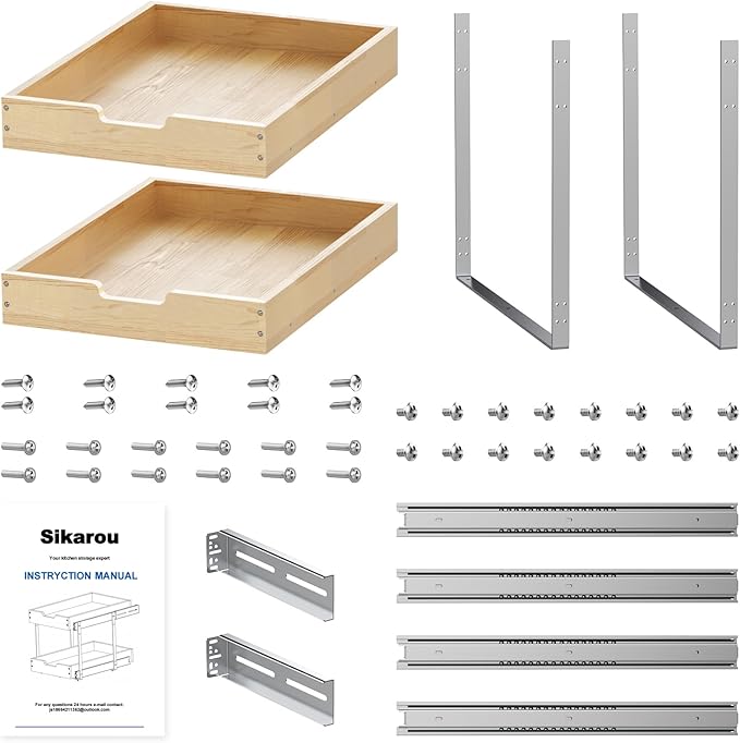Sikarou Wood Pull Out Cabinet Organizer 2 Tie 11" W x 21" D for 12" Cabinet Opening, Heavy-Duty Sliding Drawers for Inside Cabinets Storage and Organization for Kitchen, Pantry, Bathroom