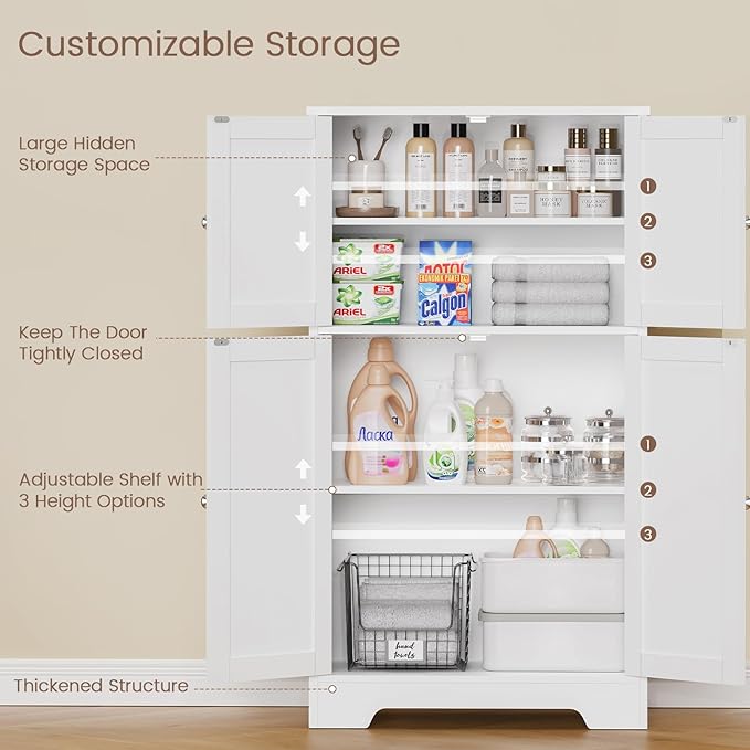 TEENFON Bathroom Floor Storage Cabinet, Freestanding Bathroom Storage Unit with 2 Adjustable Shelves & 4 Doors, White