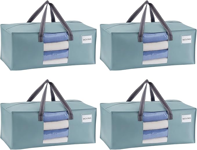 VENO 4 Pack Heavy Duty Moving Bags, Christmas Storage Bins with Lids, Transparent Window Design, Alternative to Moving Boxes, Storage Bags for Clothes, Blankets, Comforters (Light Blue Matte, 4 Pack)