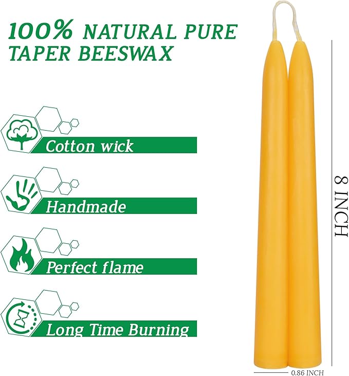 Pure 8" Natural 100% Pure Bees Waxs Candlesticks 4 Pack 20 Hour Long Burning Time,Unscented,Dripless and Smokeless for Home Decor, Party