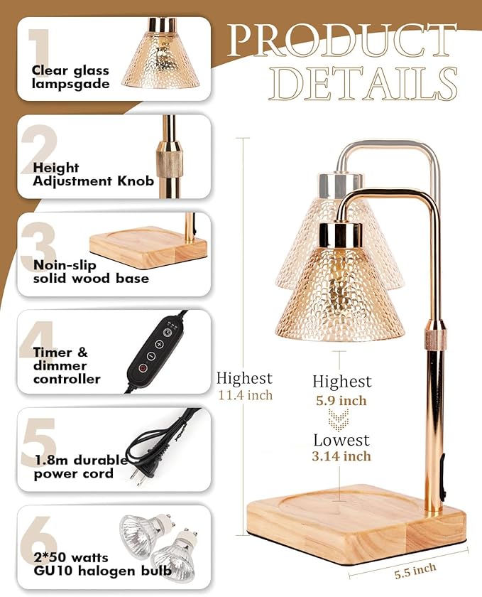 Funistree Candle Warmer Lamp with Timer Dimmable, Adjustable Height, Christmas Anniversary Women Gifts for Her Girlfriend, House Warming Gifts New Home, Wax Warmer Lamp for Jar Candles with 2 Bulbs