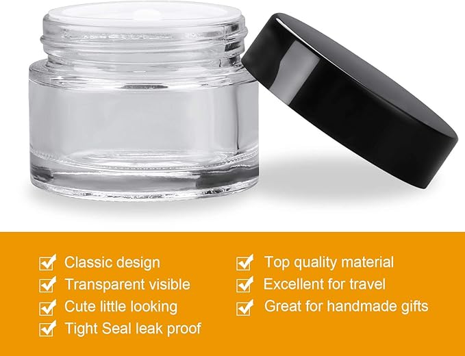 Encheng 30 Pack of 2 oz Clear Round Glass Jars,with Inner Liners and black Lids,Empty Cosmetic Containers,Cream jars