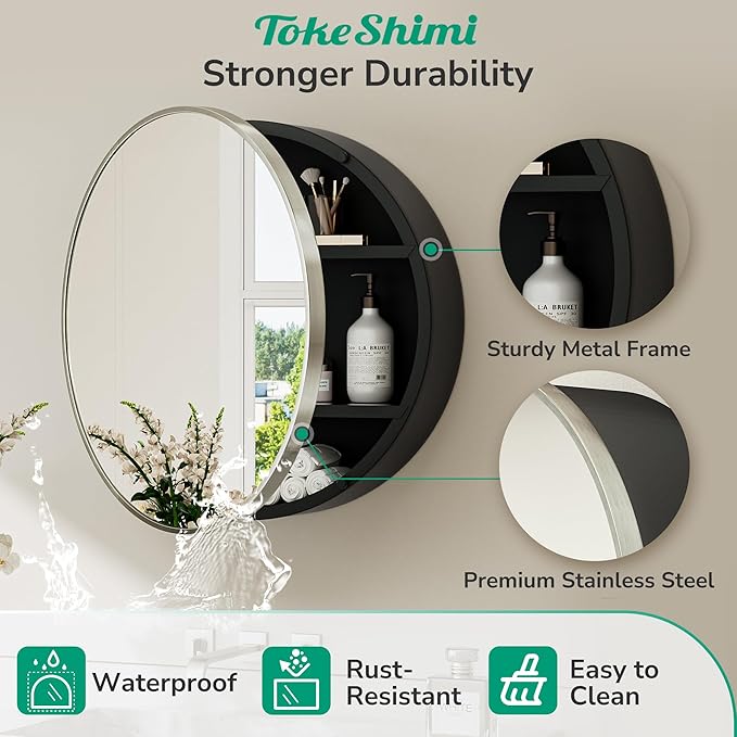 TokeShimi 24 x 24 Round Medicine Cabinet for Bathroom, Brushed Nickel Circle Medicine Cabinet Mirror Shatterproof with Stainless Steel Metal Frame, Detachable Shelves, Wall Mounted Only