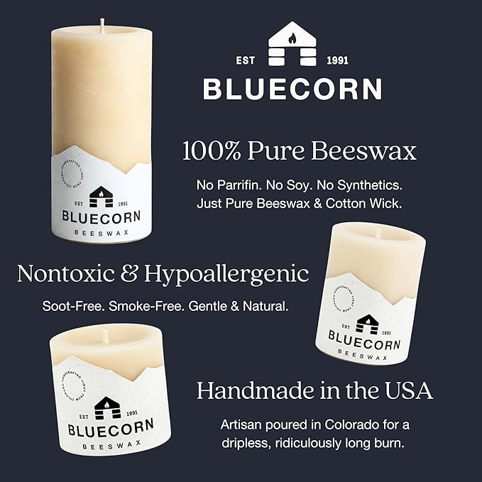 Bluecorn Beeswax Pillar Candle, 100% Pure Natural Bees Wax, Ivory White 3x6 Candle, Clean Burning & Dripless, Long Lasting (90 Hrs), Paraffin, Soy & Fragrance Free, Home Decor, American Made, 1 Count