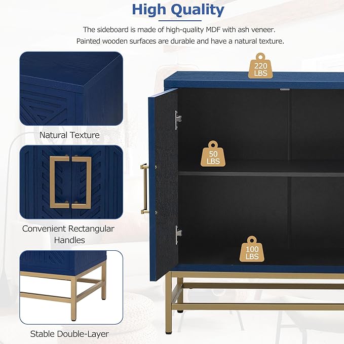 Amposei Accent Sideboard Cabinet 59.8-Inch Retro Credenza Console Storage Cabinet Dining Buffet Table with 4 Doors & Adjustable Shelves for Living Room Entrance, Navy